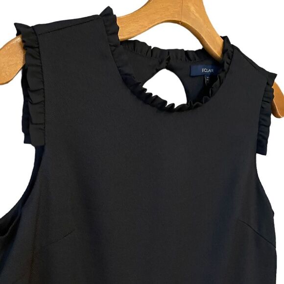 Eclair Sz XS Little Black Dress Ruffle Collar & Sleeves Button Keyhole Back - Picture 3 of 8